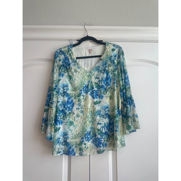 Reba Blues Travelers, Blue, Green, and Yellow, Rustic Boho Ruffle Sleeves Blouse - Picture 2 of 9